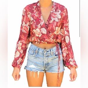 Zara Tie Wrap Top XS | Crop top  floral wrap maroon wine burgundy blush
